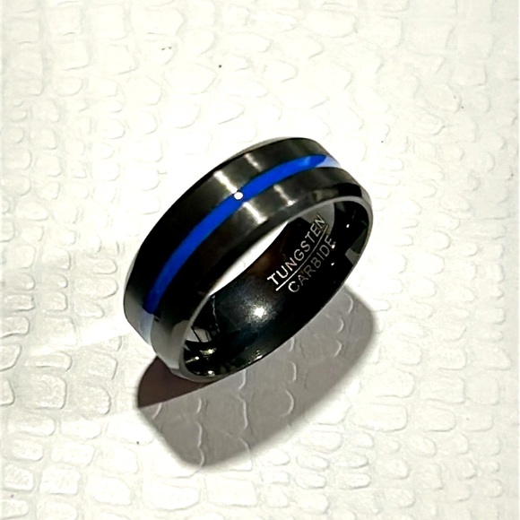 Tungsten Carbide Black Blue Center Groove Beveled Edge Ring - Picture 4 of 10